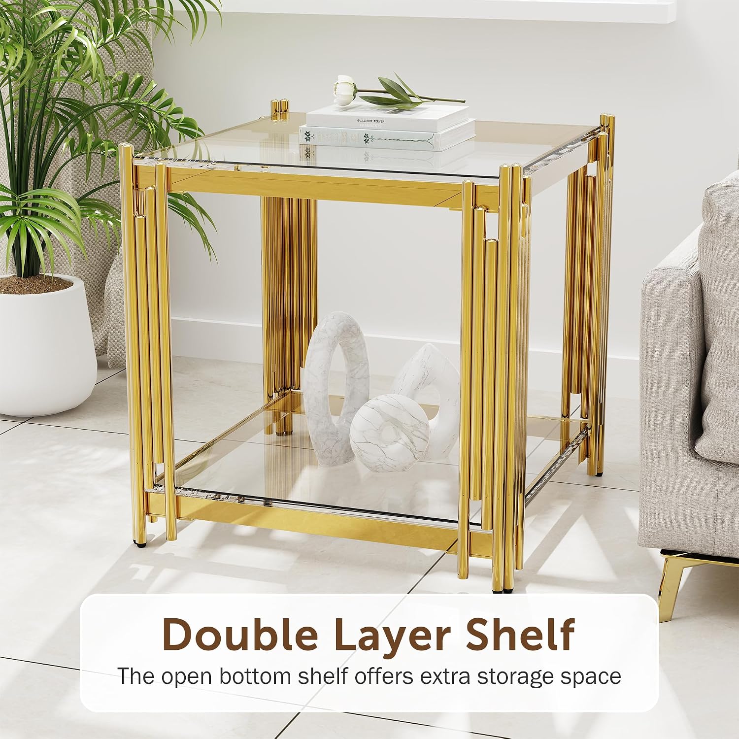 Luxury Gold Square Glass End Table, 19.7" Modern Side Table with Stainless Steel Irregular Leg Clear Tempered Glass Tabletop, Accent Furniture for Living Room (Clear, Set of 2)