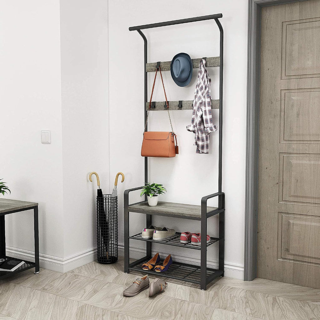 Meerveil Coat Stand, 183 cm Coat Rack with with Shoe Storage Bench, 9 Hooks | Coat and Shoe Rack Metal Clothes Rail Industrial Style for Hallway Entryway Small Space, 72 x 34 x 183 cm, Grey