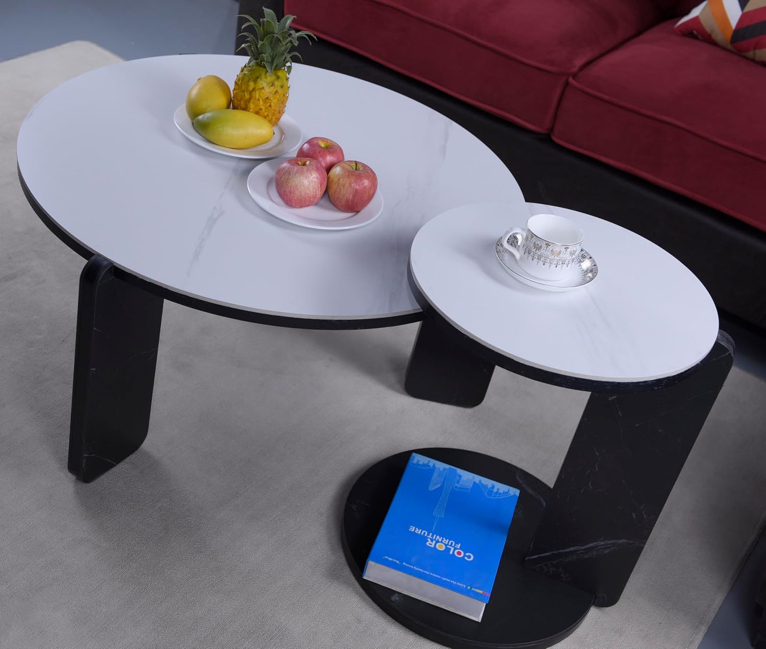 Set of 2 Round Nesting Coffee Table for Small Place, living room end table with white sintered stone top, 32.68" + 16.93" diameter Side Table Night Stand for Bed Room Dining Room, 83+ 43 cm sofa table