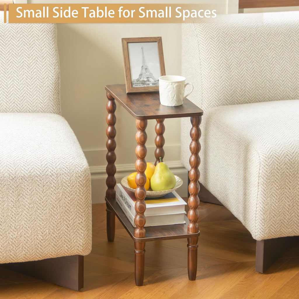 Fultyle Small Narrow End Table, Narrow Side Table Living Room with Storage, 2-Tier Wood Accent Table Slim Nightstand for Small Spaces, Office, Bedroom (Rustic Brown)
