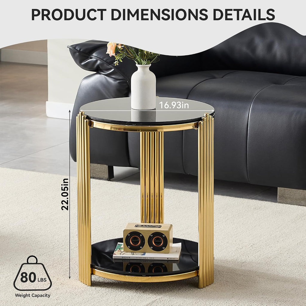 Henf Round Glass End Table Modern Luxury Accent Sofa Side Table, 2-Tier Black Glass End Tables Nightstand with Tempered Glass Top and Shiny Gold Stainless Steel Base for Living Room Bedroom