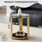 Glass Round End Table with 2-Tier Storage, Black Tempered Glass Top with Gold Stainless Steel Frame, Modern Living Room Side Table, Black Gold Accent Table, 80 LBS Capacity