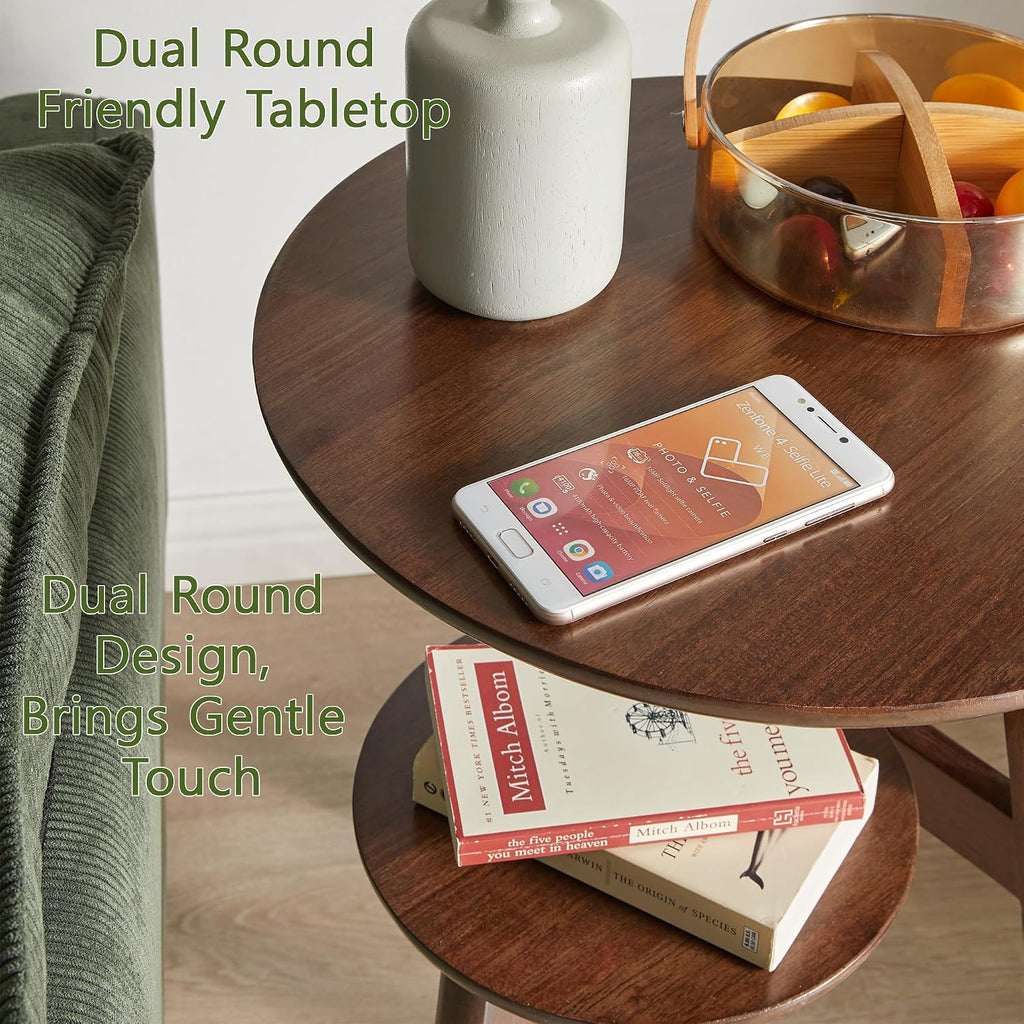 Side Table, Solid Wood 2-Tier Round End Table with Lower Storage Shelf, Small Nightstand for Living Room Bedroom, Modern Couch Coffee Tables