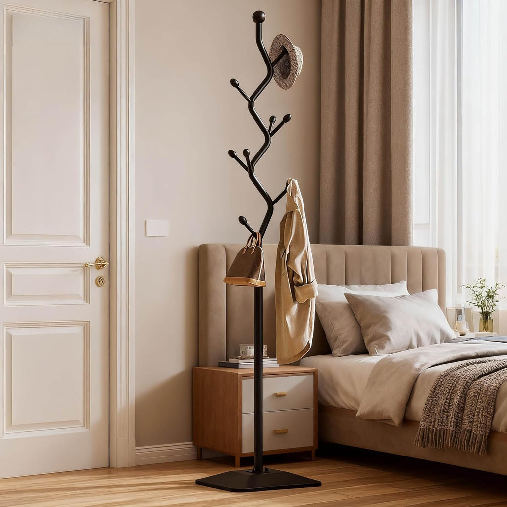 Sturdy Metal Coat rack Tree – Anti-Tip Design with 8 Hooks, Perfect for Home, Dorm, or Office Organization (black)