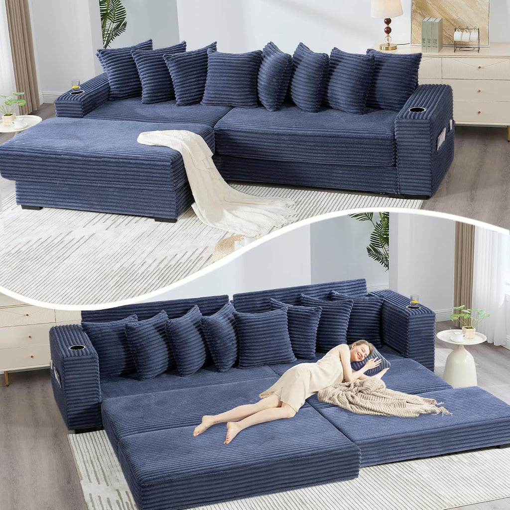 Modular Sectional Sofa Couch, 110.75" Convertible Sleeper Sofa Bed with Movable Ottoman & Cup Holder for Living Room | L Shaped Couch | Pull Out Couch Bed | Plush Corduroy Fabric, Blue