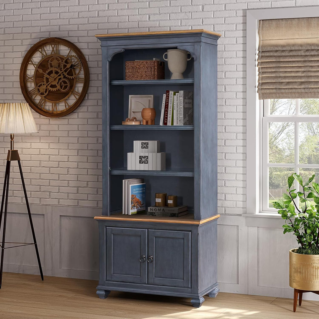 84" High Kitchen Sideboard, Wooden Storage Cabinet, No Assembly Required, with 4 Shelves and 2 Panel Doors, Corduroy Blue Finish, for Kitchen, Dining Room, Living Room, Blue