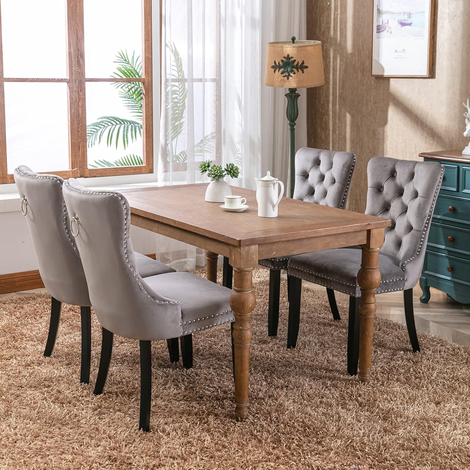 ODUSE-DAILY Gray Velvet Dining Chairs Set of 8, Kitchen & Dining Room Chairs Set of 8, Tufted Velvet Upholstered Dining Chairs, Solid Wood Frame (Gray, 8 Pcs)