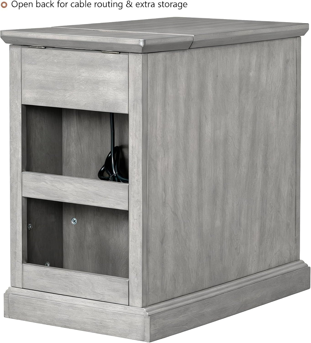 Traditional Wood End Table with Storage & Charging Station, Vintage Farmhouse Nightstand with USB Ports, Small Sofa Side Table for Living Room & Bedroom, Antique Gray