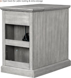 Traditional Wood End Table with Storage & Charging Station, Vintage Farmhouse Nightstand with USB Ports, Small Sofa Side Table for Living Room & Bedroom, Antique Gray