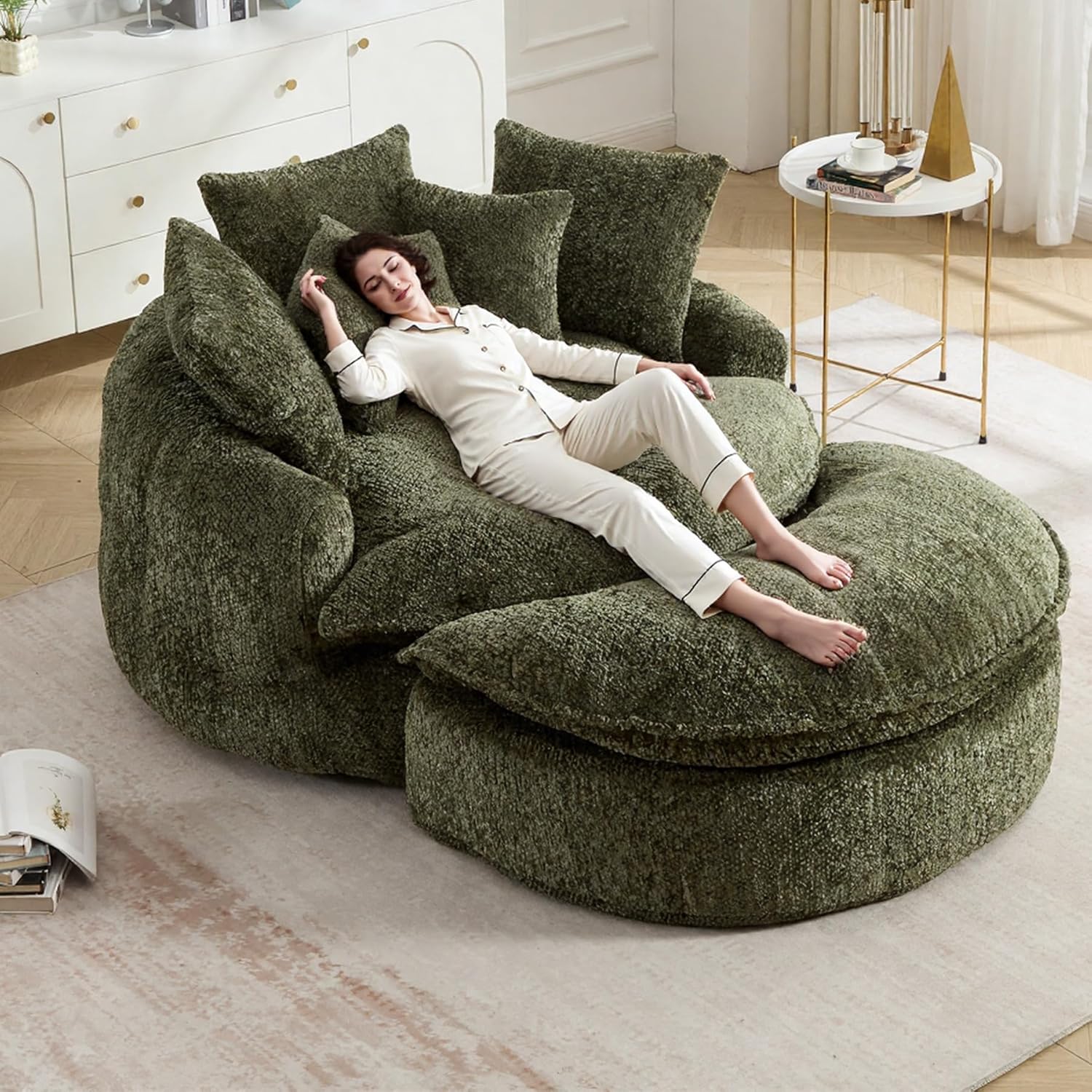 Round Oversized Lounge Chair with Ottoman - Cloud Comfy Boneless Sofa Chair for Living Room Relaxation (Olive Green, Chair and Ottoman)