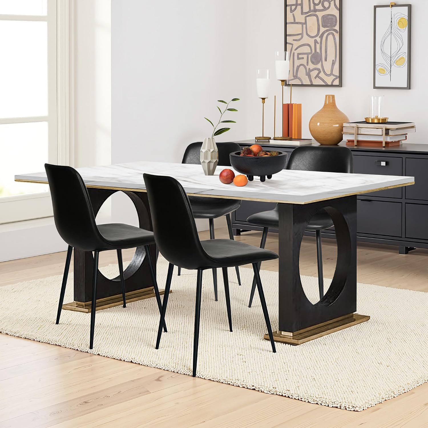 Black Dining Chairs Set of 4, Modern Faux Leather Upholstered Kitchen Side Chairs with Curved Back, Sturdy Metal Legs, for Dining Room, Living Room, Office, Black