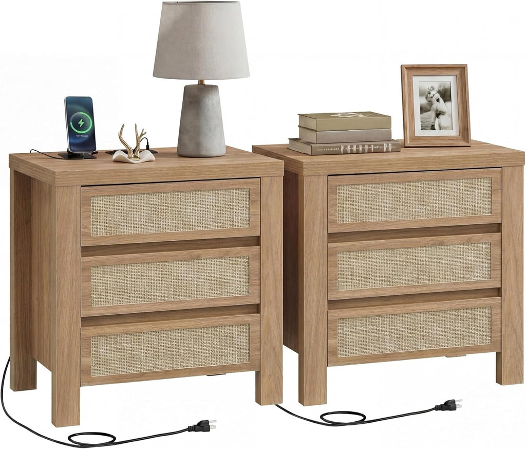 XIAO WEI 23.6“W 3 Drawer Set of 2 Rattan Nightstand with Charging Station, Boho Bedside Table, Tall End Table for Bedroom, Wood Accent Bed Side Table with Storage, Reclaimed Light Oak