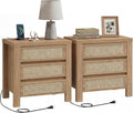 XIAO WEI 23.6“W 3 Drawer Set of 2 Rattan Nightstand with Charging Station, Boho Bedside Table, Tall End Table for Bedroom, Wood Accent Bed Side Table with Storage, Reclaimed Light Oak