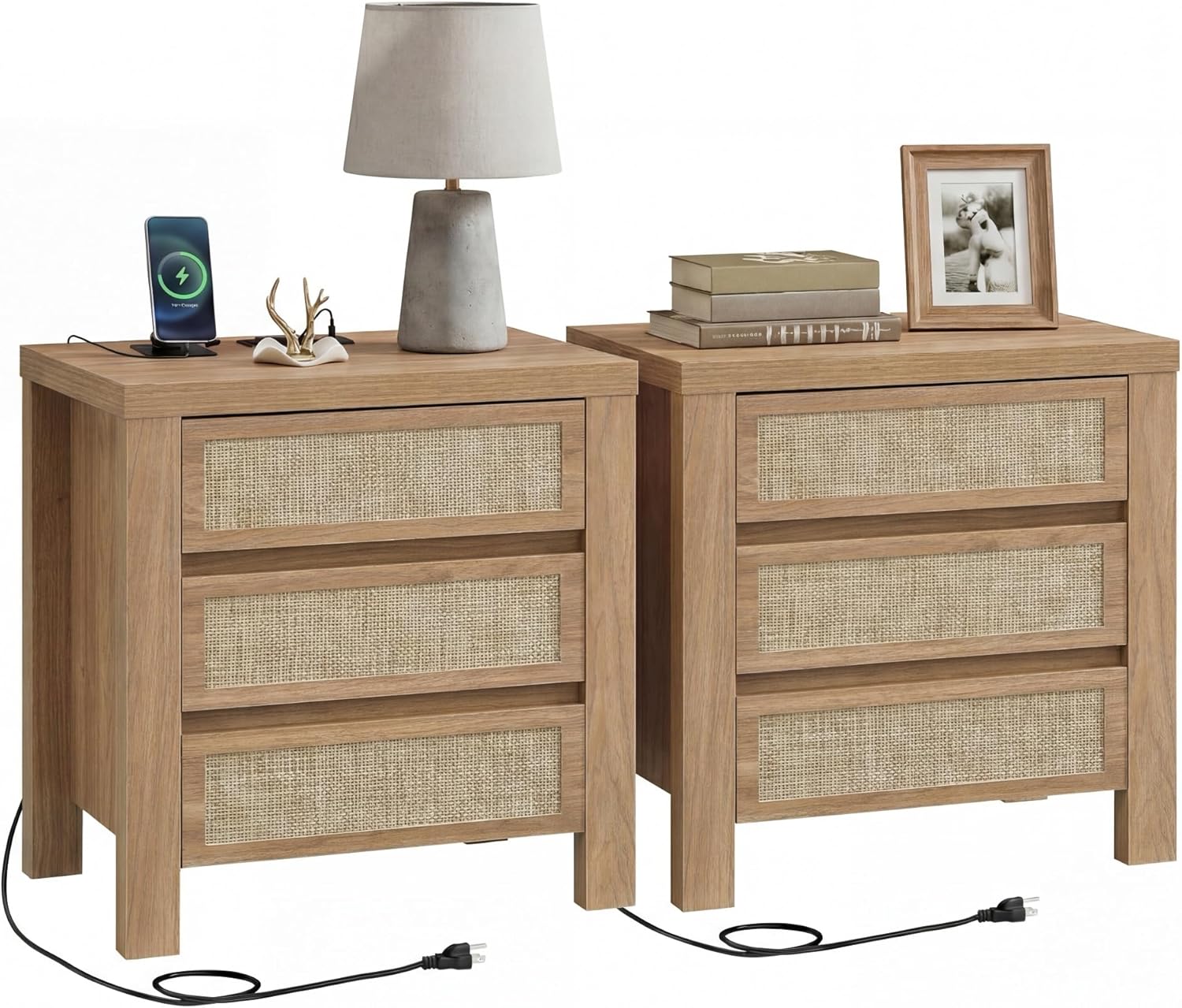 XIAO WEI 23.6“W 3 Drawer Set of 2 Rattan Nightstand with Charging Station, Boho Bedside Table, Tall End Table for Bedroom, Wood Accent Bed Side Table with Storage, Reclaimed Light Oak