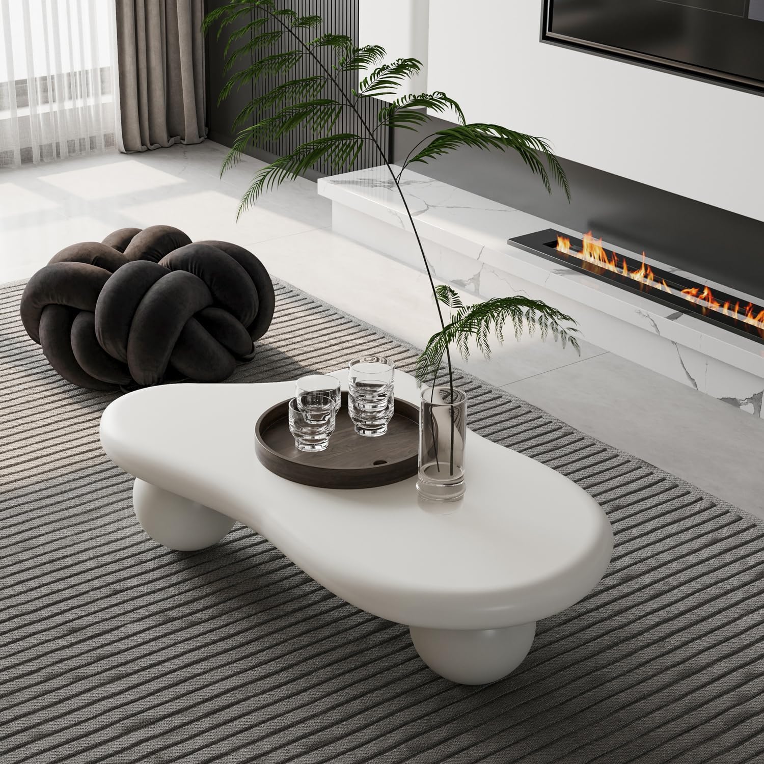 47" Cloud Coffee Table for Living Room Irregular Coffee Table Modern Low Coffee Tables Abstract Faux Stone Cute Center Table with 3 Ball Legs for Small Space Apartment