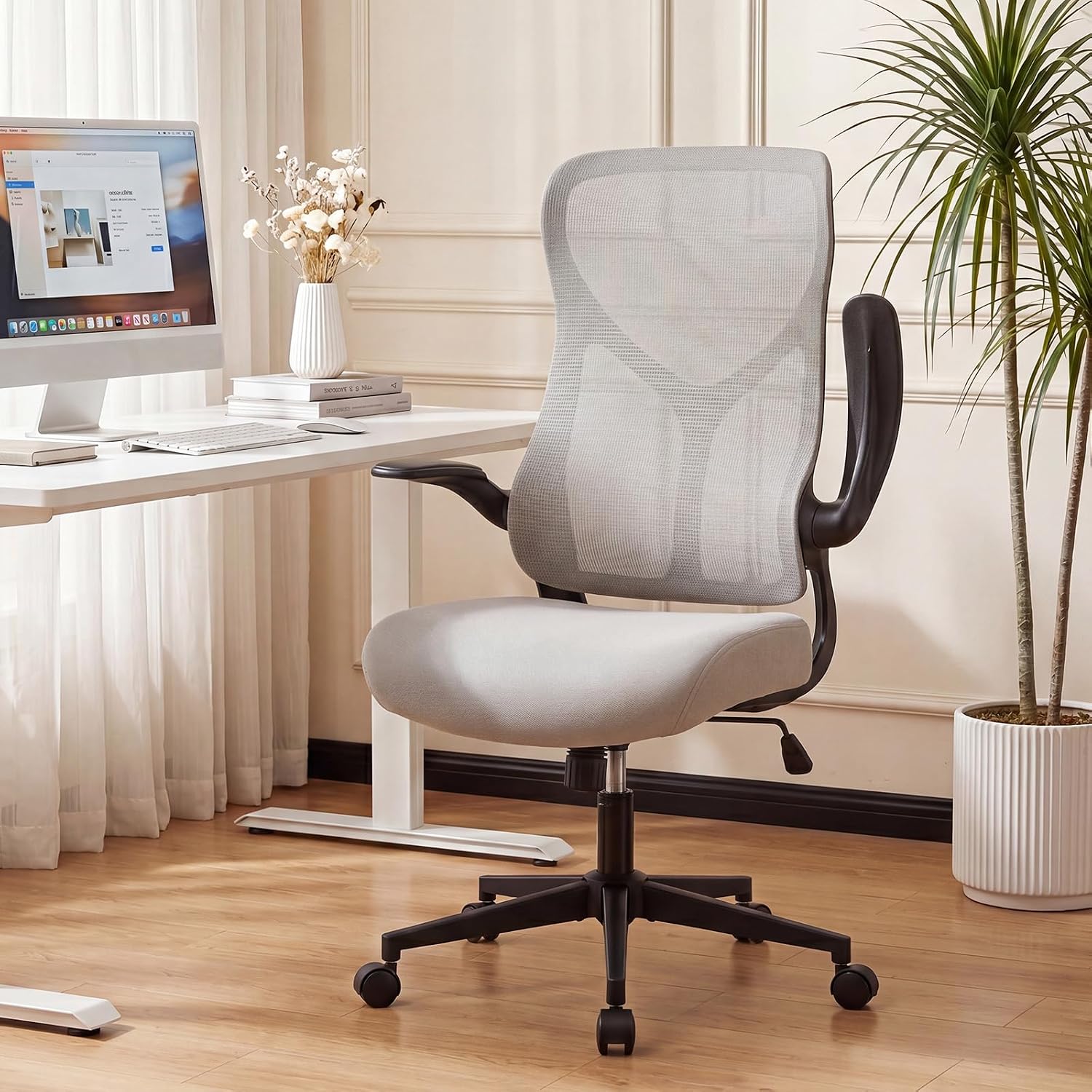 DUMOS Home Office Desk Chair - Ergonomic High Back Mesh Computer Task Chair with Comfy Flip-up Armrests, Swivel Adjustable Height with Wheels, Comfortable Lumbar Support, for Adults, Gery