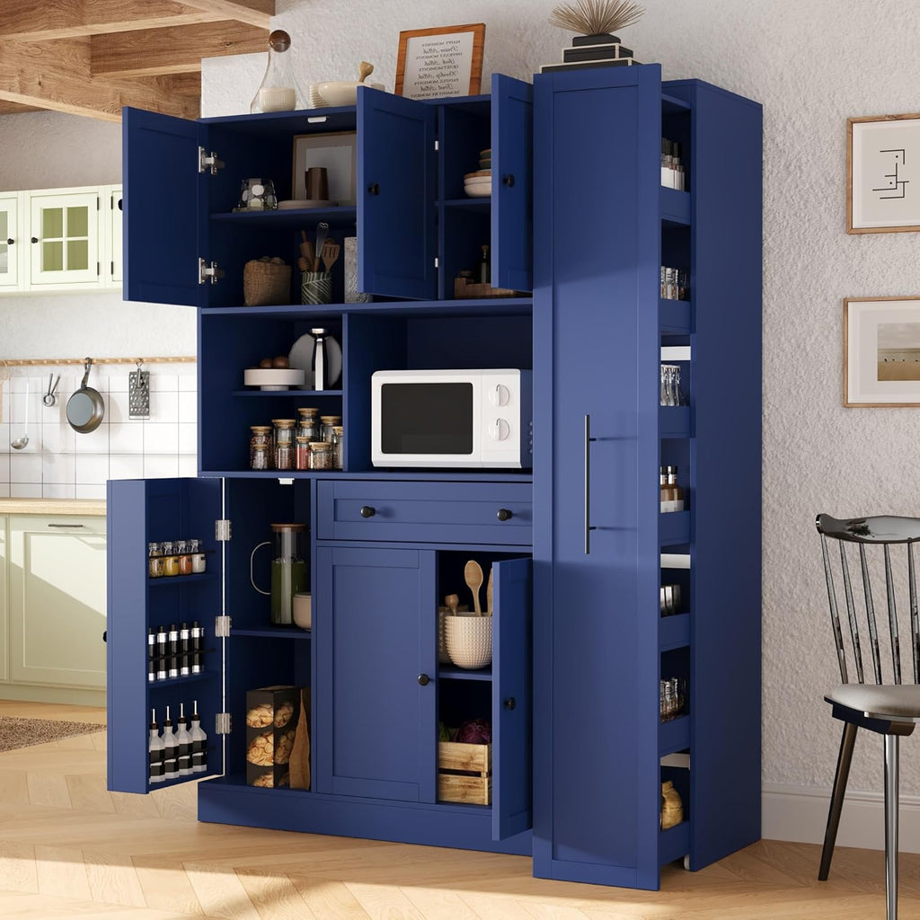 LUMISOL 70" Farmhouse Kitchen Pantry Storage Cabinet with Pull-Out Shelf, Wood Hutch Cabinet with Door Shelves and Drawer, Freestanding Food Hutch with Microwave Stand, Blue