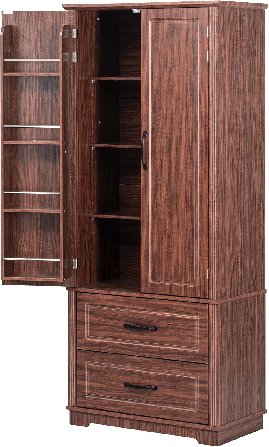 71" Farmhouse Kitchen Pantry Cabinet with 2 Large Drawers,Embossed Texture Freestanding Cupboard with 8 Door Shelves and 3 Cabinet Shelves for Kitchen,Dining Room,Living Room,Laundry,Brown