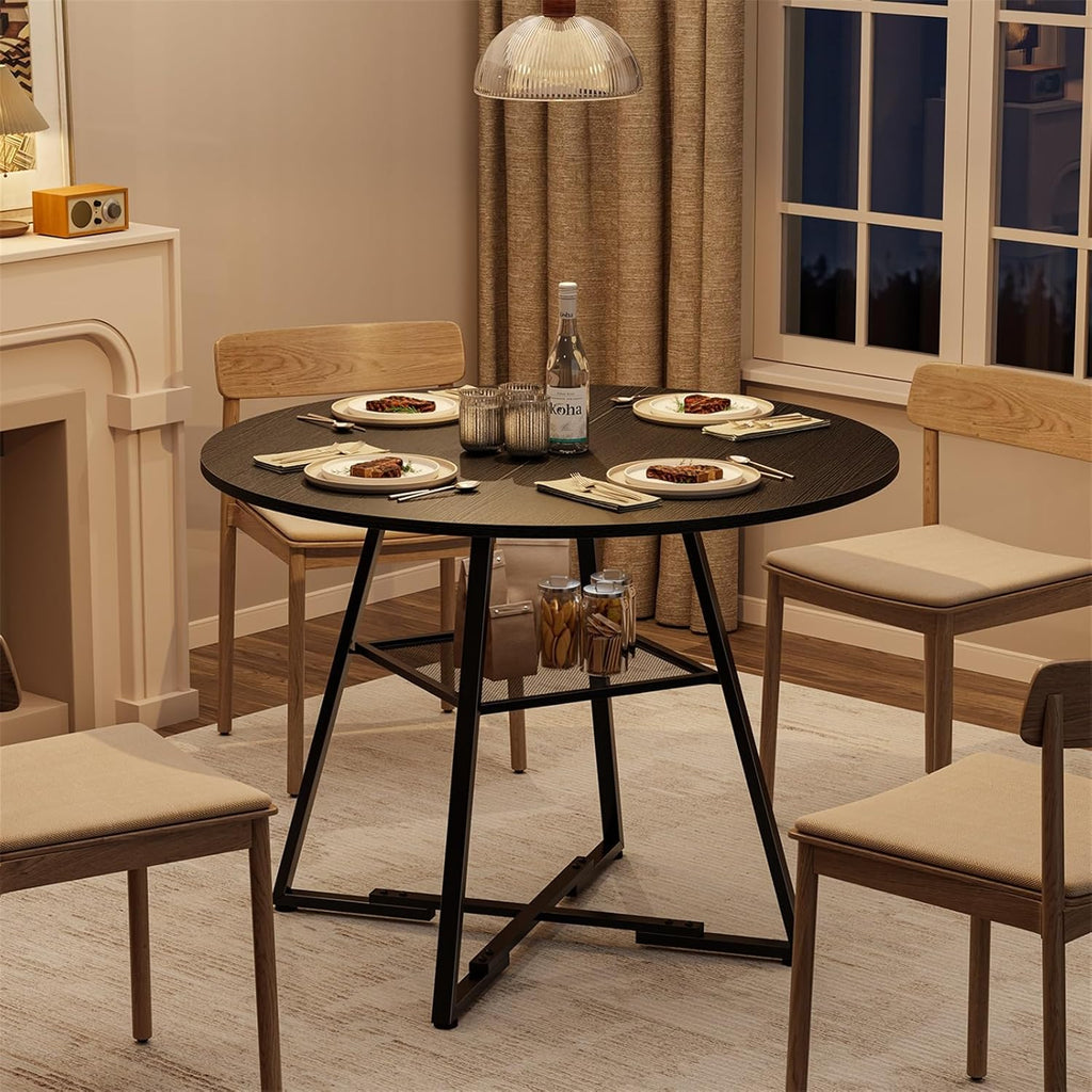 DUMOS 42" Round Dining Table for 4-6, Space Saving Kitchen Table with Dual-Tier Storage, Pedestal Metal Frame, Industrial Farmhouse Circle Dinner Table for Apartment, Black