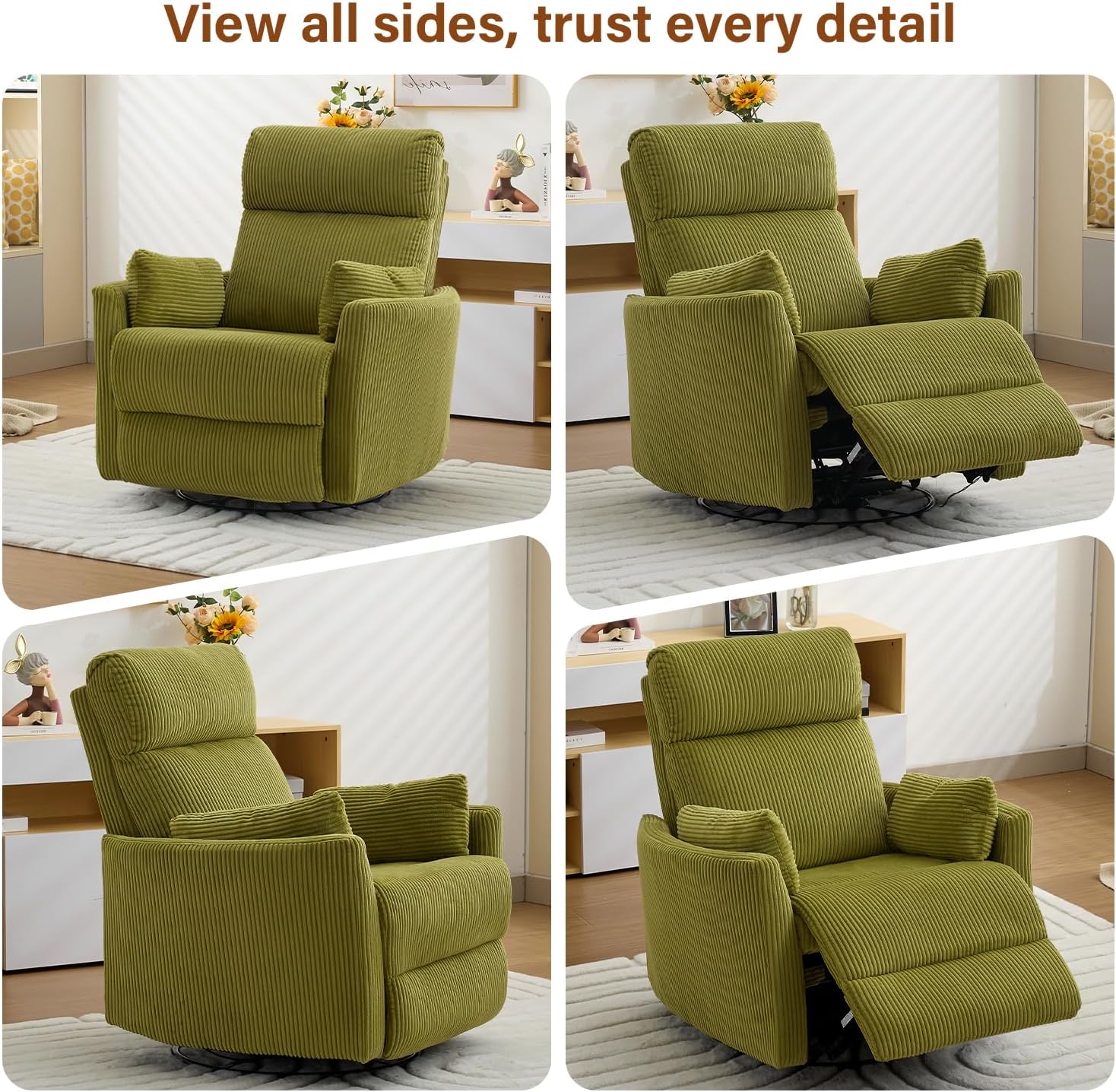 BOSMILLER 360° Swivel Recliner Chair,Nursing Rocking Chair with 2 Pillows for Adutlts,Comfy Rocker Recliners with High Back for Nursery,Living Room,Bedroom