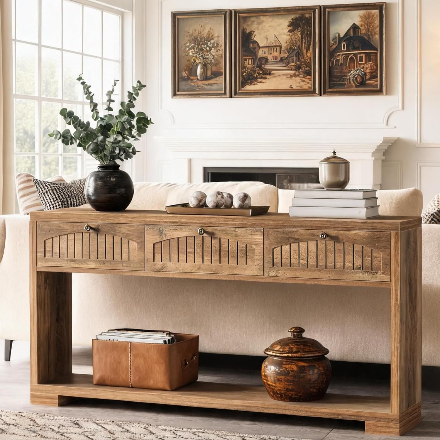 LITTLE TREE Long Entryway Table with 3 Drawers, 70 Inches Farmhouse Console Table for Entry, Behind Sofa, Foyer, Hallway, Behind Couch, Entrance with 2-Tier Storage Shelves, Rustic Brown