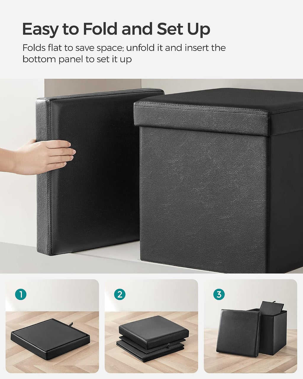 SONGMICS MAZIE Collection - 15 Inches Ottoman with Storage, Footstool, Storage Ottoman, Load 660 lb, for Dorm, Living Room, Bedroom, Synthetic Leather, Black ULSF101