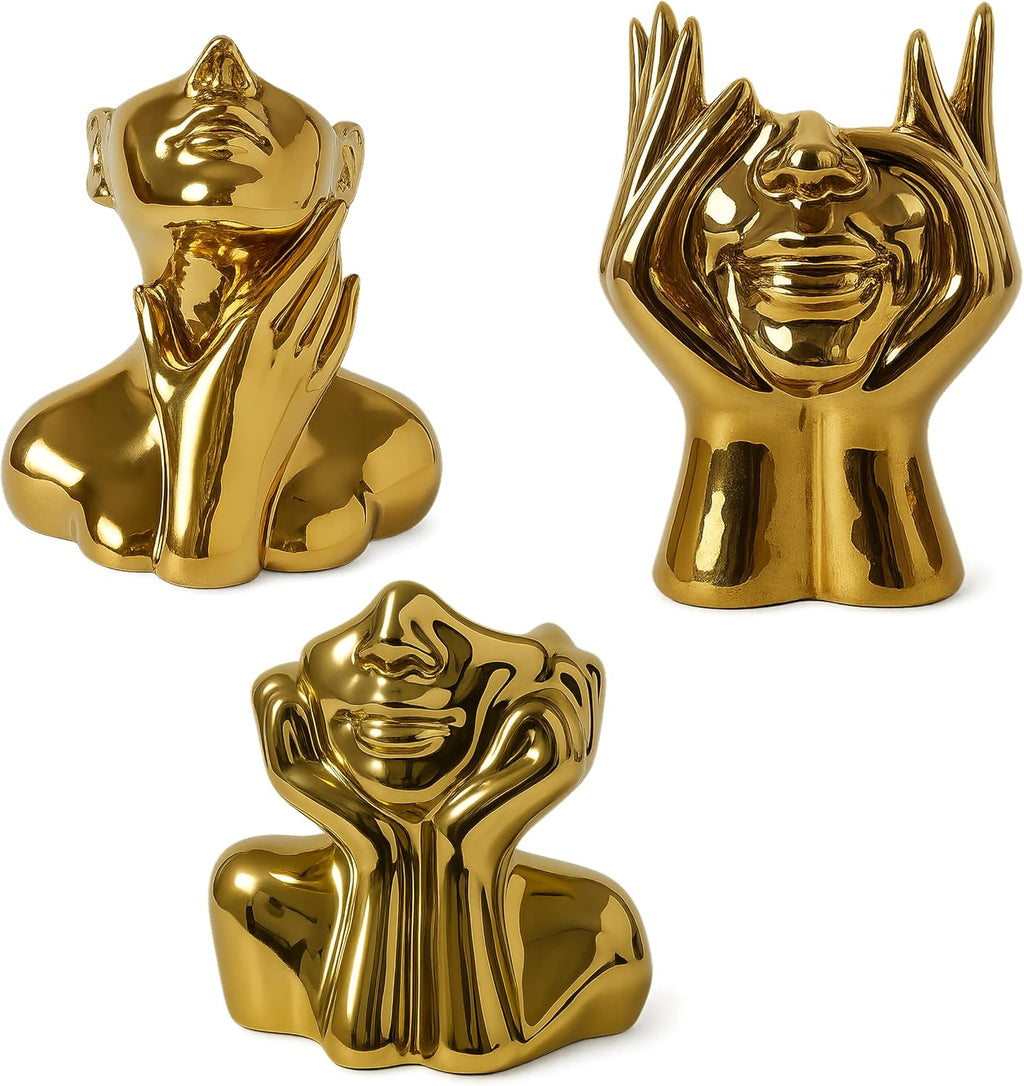Face Vase Unique Ceramic Vase for Room,Office,Home Decor,Gold,Set