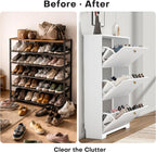 Nicetree Shoe Cabinet with 3 Flip Drawers, Narrow Shoe Organizer Cabinet, Freestanding Shoe Rack Cabinet, Modern Shoe Storage Cabinet for Entryway, Hallway, Foyer, White with Hook