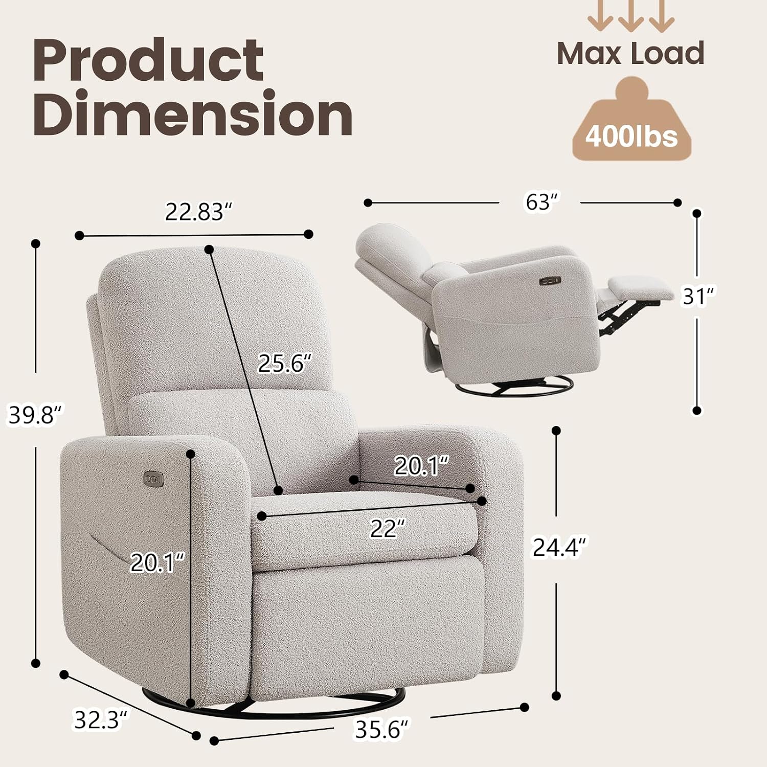 Power Swivel Rocker Recliner, Swivel Glider Nurseryc Recliner Chair with Lumbar Support, Upholstered Rocking Recling Chairs for Adults Nursery, Living Room, Bedroom, Teddy Grey