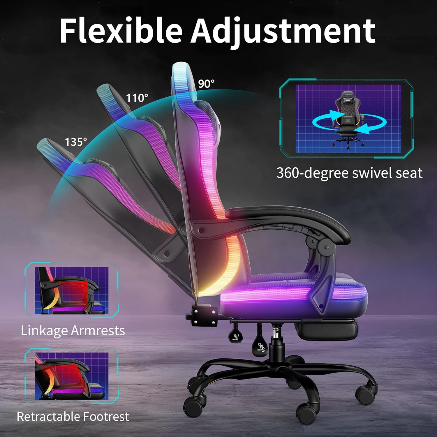 Ergonomic Gaming Chair, RGB LED Lights Computer Chairs with Retractable Footrest, 400 lbs Lumbar Support Linked Armrests Gamer Chair High Back Heavy Duty Video Game Chairs (Black Red)