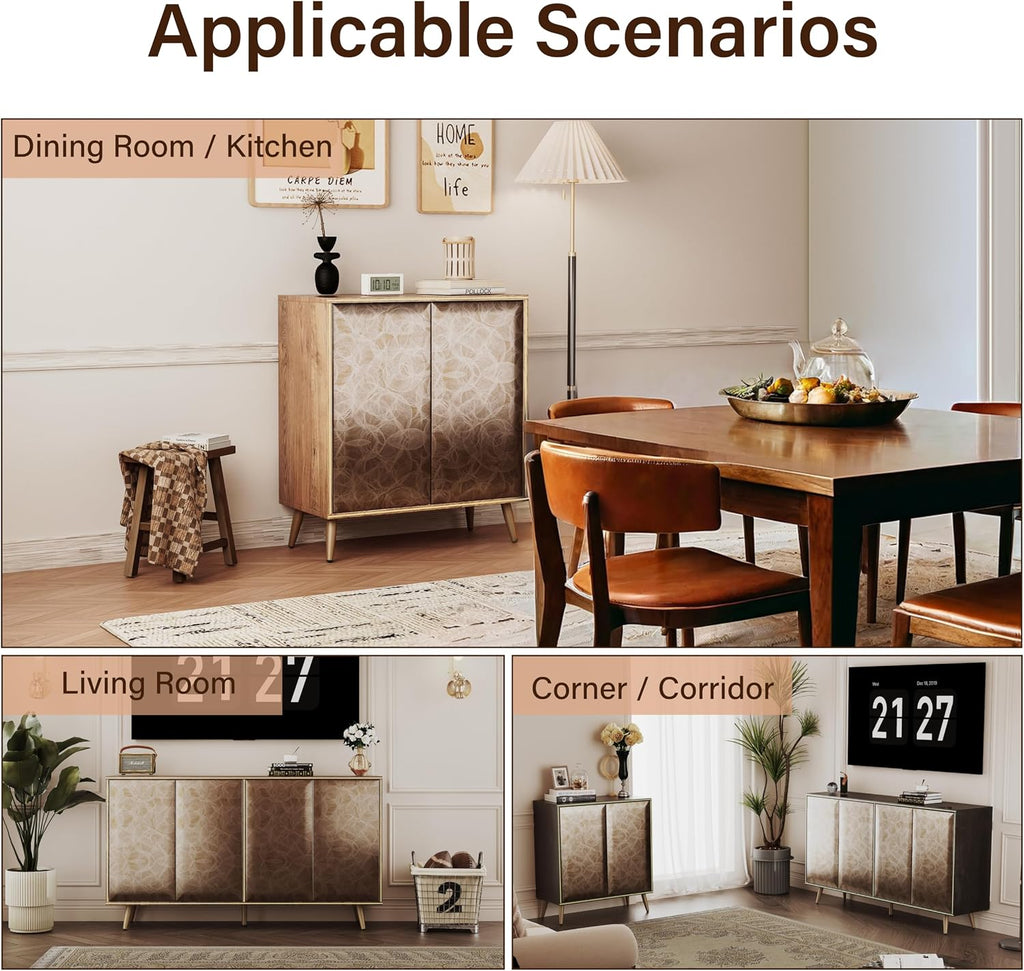 Sideboard Buffet Cabinet with Raised Shaped & Geometric Line Texture Door Panel, Accent Storage Cabinet for Living Room (Cabinet Body- Oak, 4 Door-15 D x 61" W x 34.5" H)