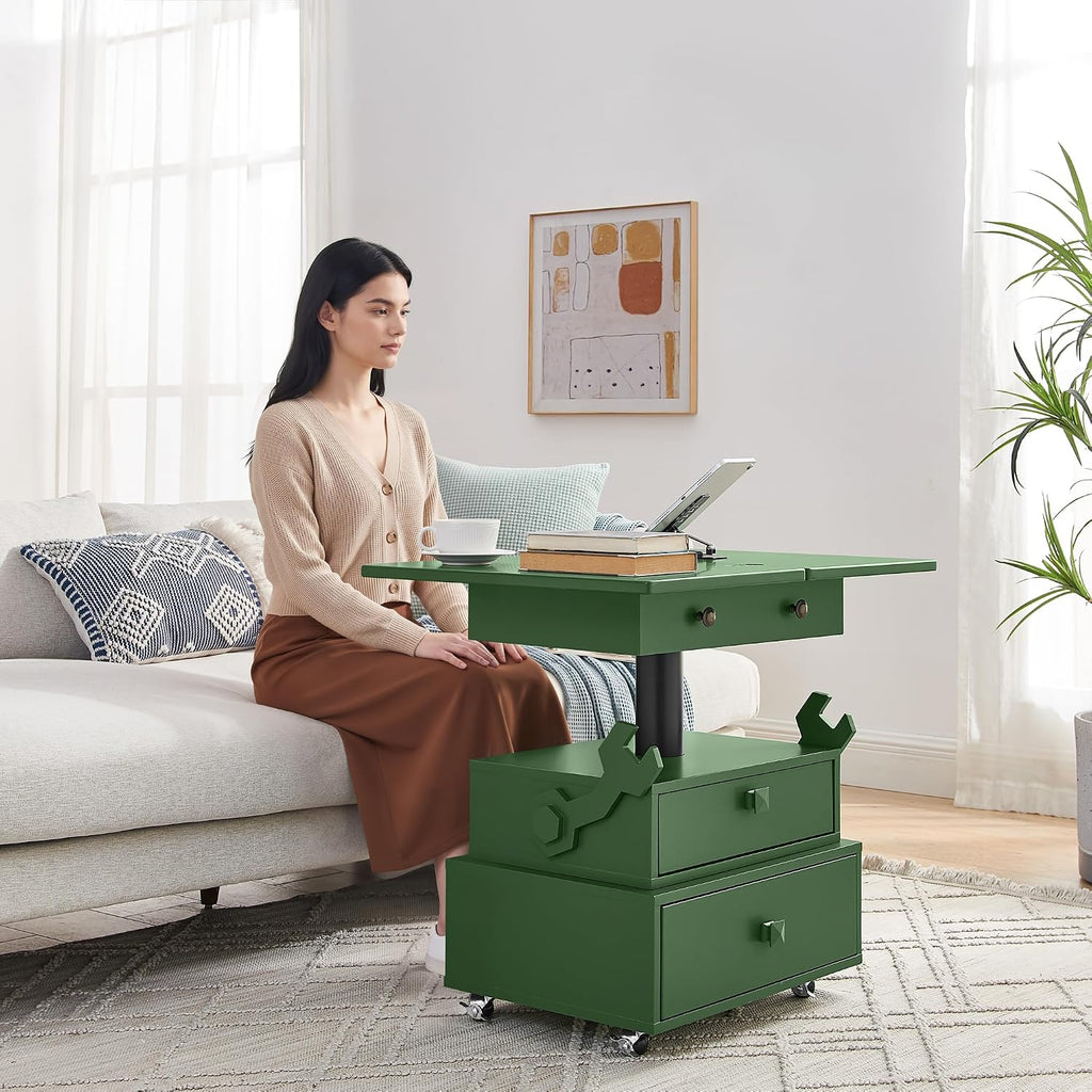 High Gloss Rolling Lift Top End Table with Charging Station, Height Adjustable Mobile Side Table with Storage Drawer and Lockable Wheels, Space-Saving Nightstand for Living Room Bedroom, Green