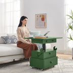 High Gloss Rolling Lift Top End Table with Charging Station, Height Adjustable Mobile Side Table with Storage Drawer and Lockable Wheels, Space-Saving Nightstand for Living Room Bedroom, Green