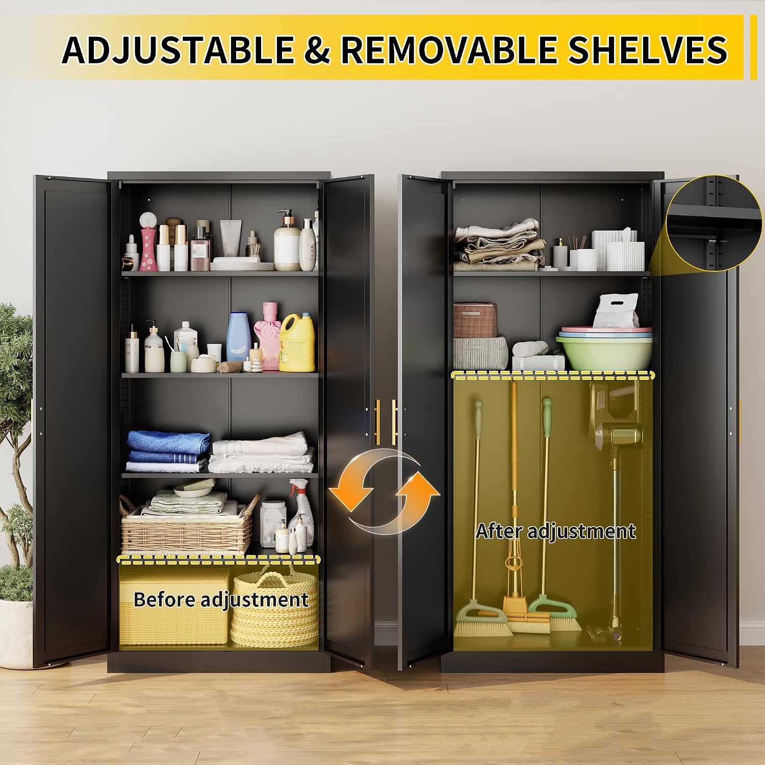 Metal Kitchen Pantry Cabinet, 71"H x 28"W x 14"D Cabinet with 2 Doors and 4 Adjustable Shelves, Kitchen Pantry Storage Cabinet, Metal Pantry Cabinet for Kitchen, Dining Room, Living Room-Black