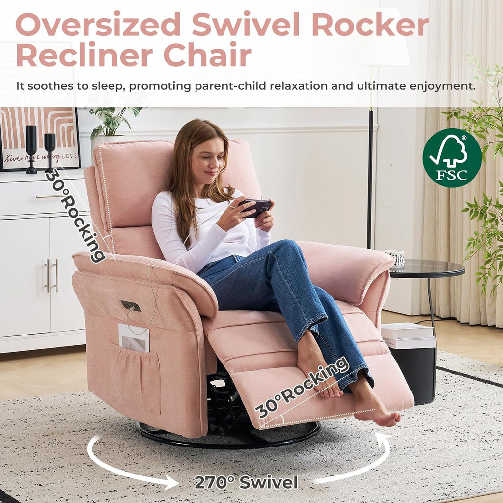Power Swivel Rocker Recliner, Glider Recliner Nursery Chair with Massage and Heat, Nursery Rocking Chairs with Adjustable Headrest for Living Room，USB Ports,Side Pockets,Chenille Pink