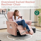 Power Swivel Rocker Recliner, Glider Recliner Nursery Chair with Massage and Heat, Nursery Rocking Chairs with Adjustable Headrest for Living Room，USB Ports,Side Pockets,Chenille Pink
