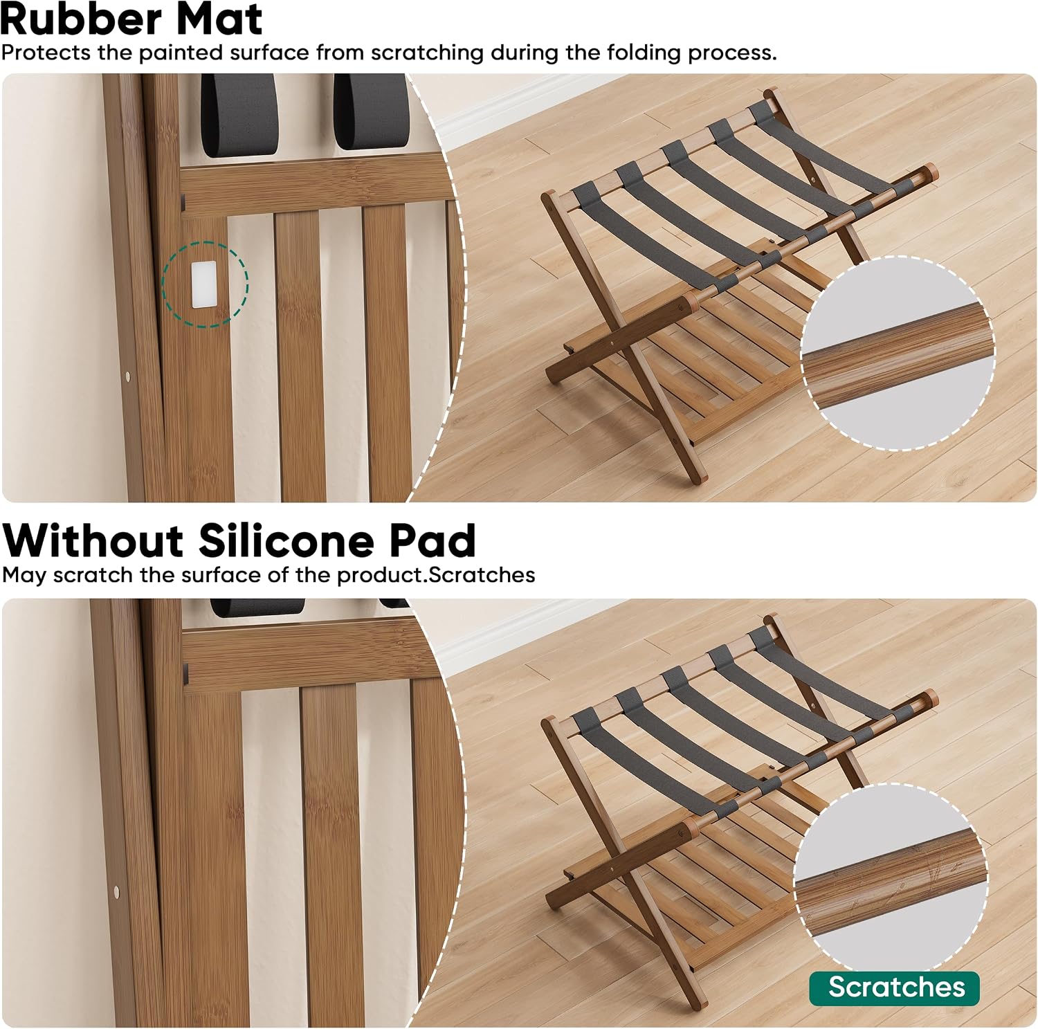 Smuxee Fully Assembled Black Walnut Luggage Rack, Upgraded Bamboo Foldable Suitcase Stand with 5 Nylon Straps, Luggage Holder with Shelf for Guest Room Bedroom Hotel