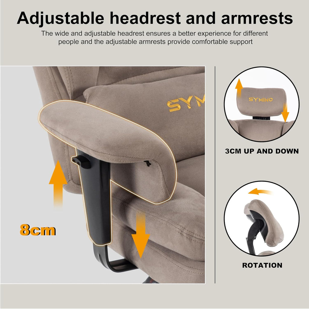 Symino Gaming Chair with Foot Rest, Unique Up/Down Armrests, Twill Fabric Ergonomic High Back Chair, 150° Recline Solid Color Computer Desk Chair, Light Coffee