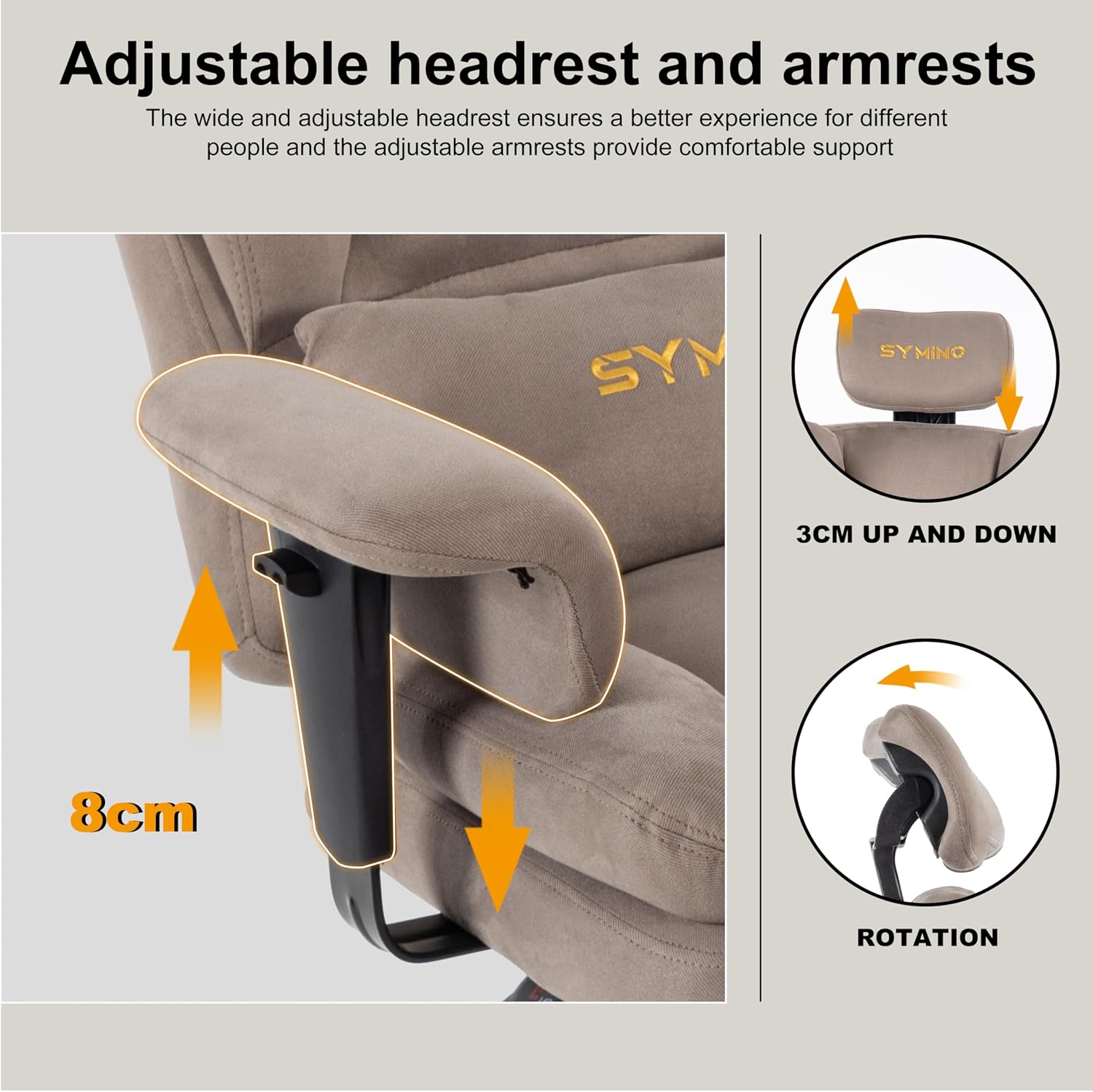 Symino Gaming Chair with Foot Rest, Unique Up/Down Armrests, Twill Fabric Ergonomic High Back Chair, 150° Recline Solid Color Computer Desk Chair, Light Coffee