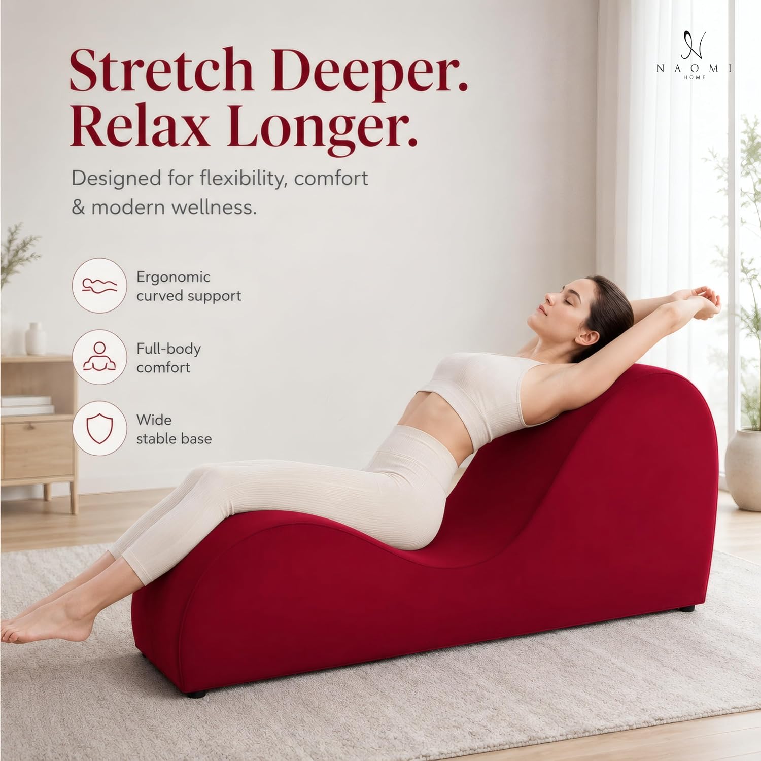 Naomi Home Yoga Chair for Adults - Ergonomic Yoga Chaise Lounge Bench, Wood & Metal Frame, 330 lb Capacity, Upholstered Microfiber Lounge for Deep Stretching, Relaxation & Creative Comfort - Red