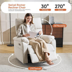 Power Rocking Chair Nursery with Adjustable Lumbar Support,Swivel Rocker Recliner with Overstuffed Armrests, Nursery Glider Recliner for Bedroom & Livingroom, USB & Type-C, Faux Leather Beige