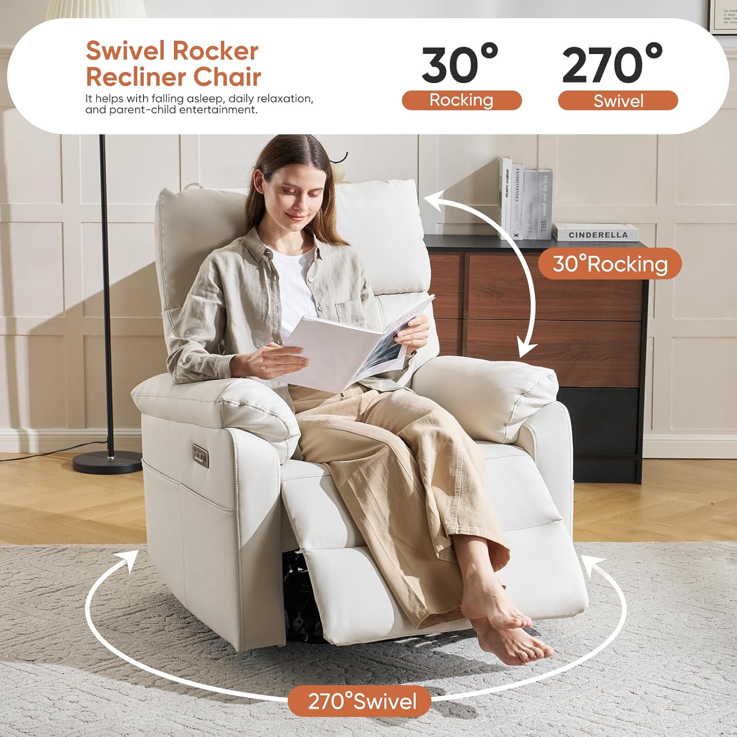Power Rocking Chair Nursery with Adjustable Lumbar Support,Swivel Rocker Recliner with Overstuffed Armrests, Nursery Glider Recliner for Bedroom & Livingroom, USB & Type-C, Faux Leather Beige
