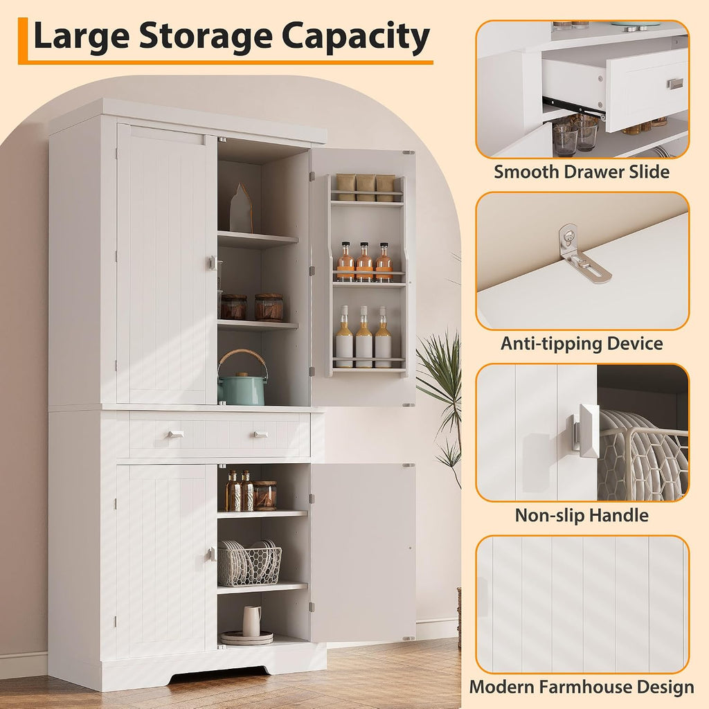 GAOMON 72in Tall Kitchen Pantry Cabinet, Farmhouse Large Cupboard Storage Cabinet with Adjustable Shelves 6 Door Racks for Living Dining Room Laundry,White