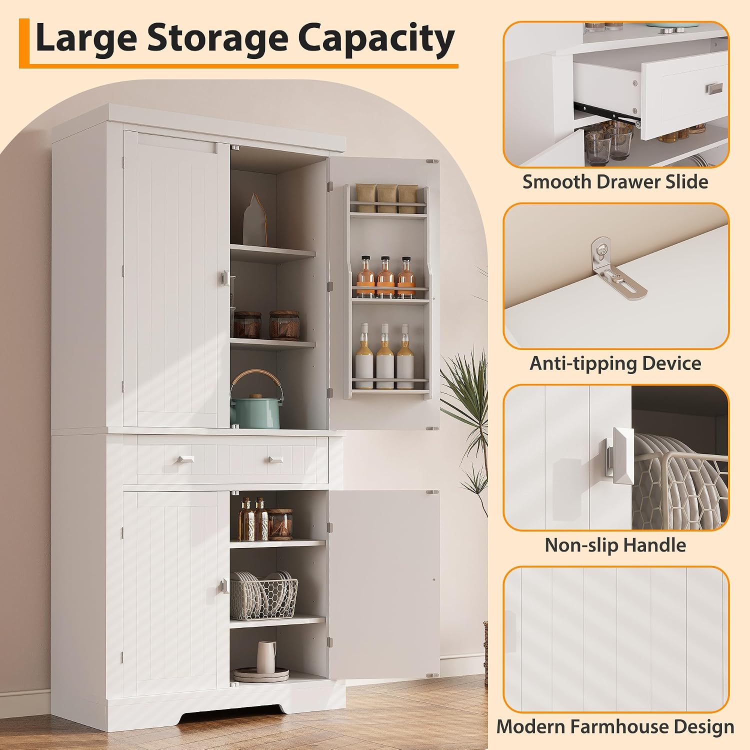 GAOMON 72in Tall Kitchen Pantry Cabinet, Farmhouse Large Cupboard Storage Cabinet with Adjustable Shelves 6 Door Racks for Living Dining Room Laundry,White