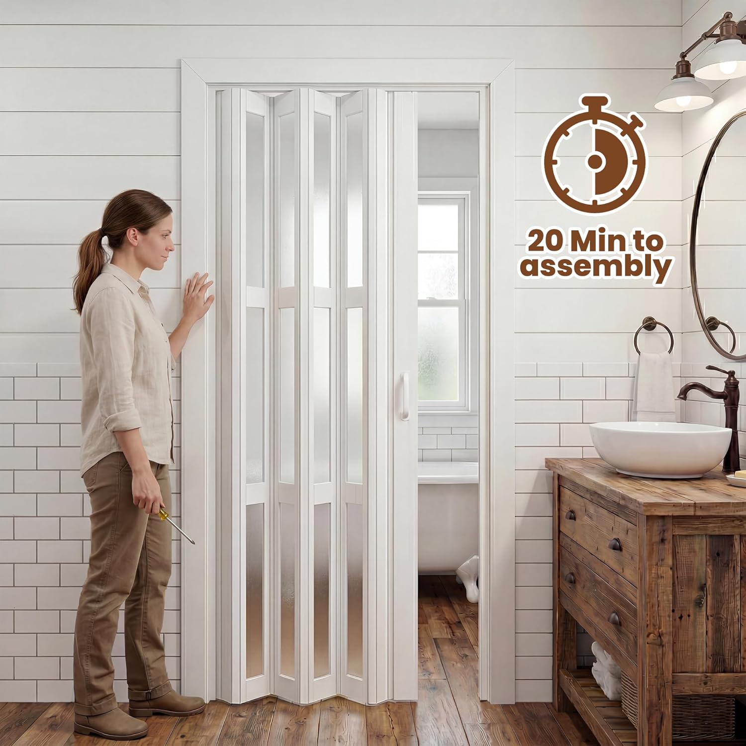 SmartStandard 30" x 80" Accordion Doors Interior, Double-Layer Accordion Doors for Doorway Closet Bathroom, PVC Folding Door Interior with Frosted Acrylic Glass, Full-Side Magnetic Strip, White