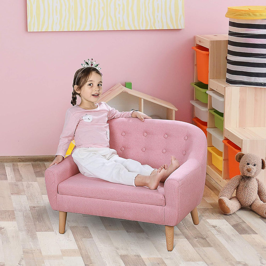 2 Seat Sofa Linen Fabric and Wooden e Sofa for and Toddlers Ages 3 7, 11" High Seat, Pink