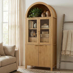 71'' Tall Arched Kitchen Pantry Cabinet with Glass Doors, Oak Finish Fluted Storage Cabinet with Adjustable Shelves & Drawer, China Cabinet for Kitchen, Dining Room