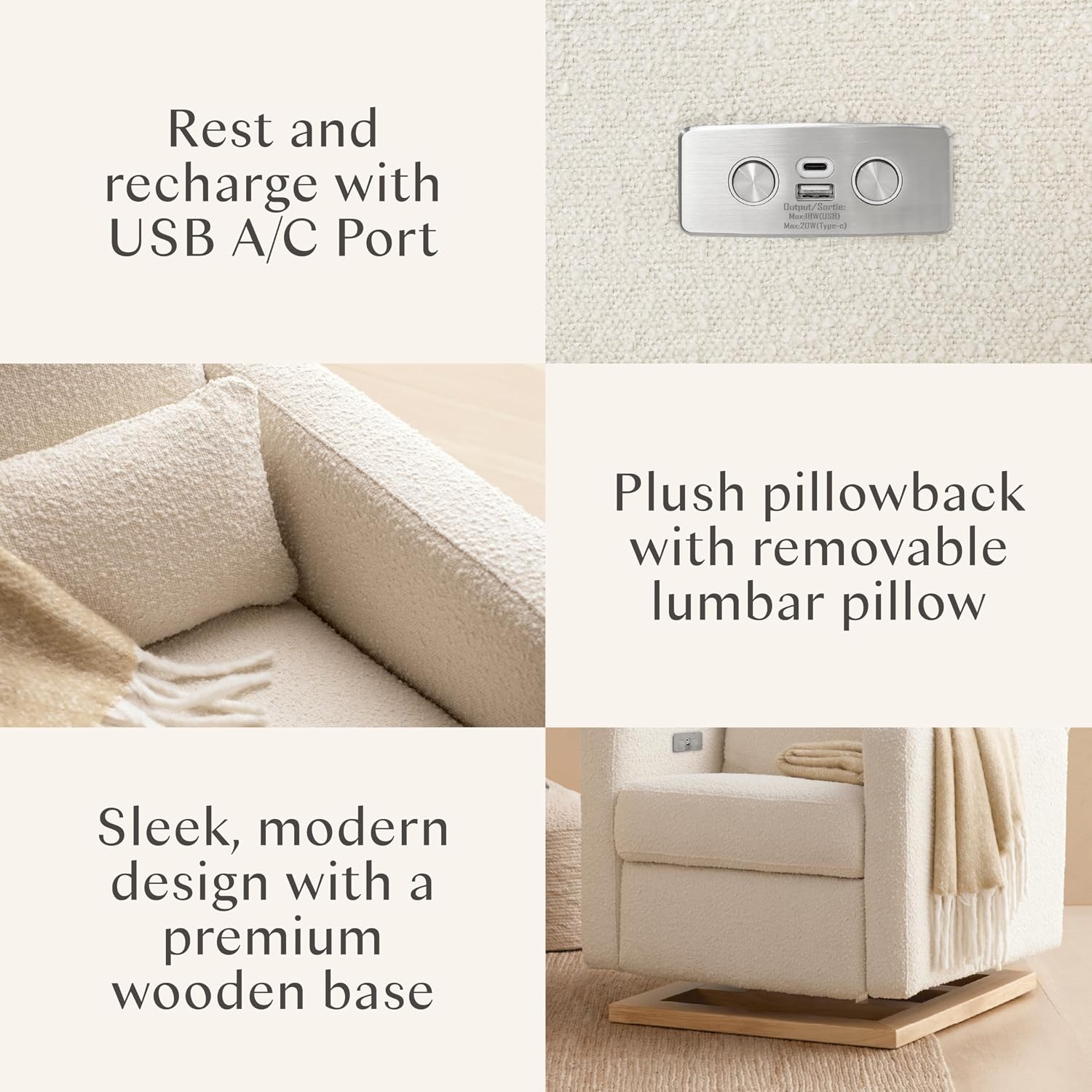 Babyletto Sigi Electronic Power Recliner and Glider with USB Port in Ivory Boucle with Light Wood Base, Greenguard Gold and CertiPUR-US Certified