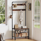 Hall Tree with Bench and Shoe Storage, 4-in-1 Entryway Organizer with 10 Hooks and Storage Shelf,Coat Rack Freestanding with 2-Tier Storage Shelf for Living Room, Deep Rustic