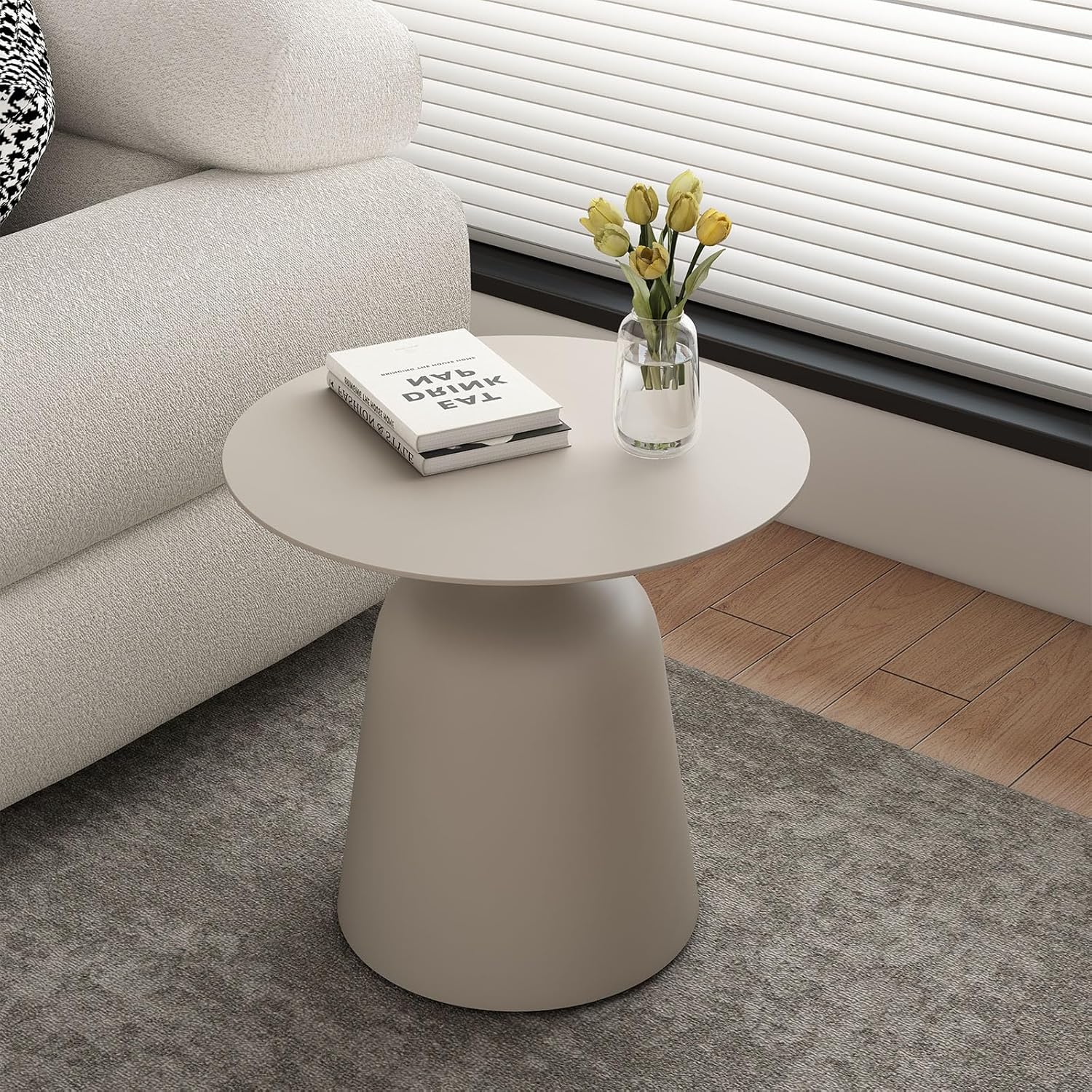 Outdoor Round Side Table, Mid Century Modern Style, Weather Resistant Rust Resistant Aluminum Base, Ideal for Garden, Pool, Patio, Balcony, Living Room, 19.5" x 18.3",Champagne